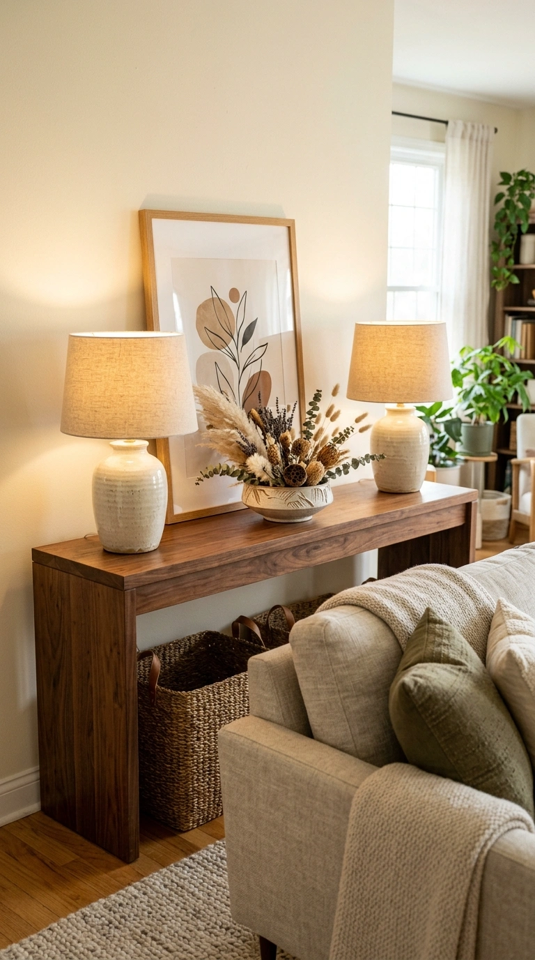 006 A warm walnut console behind a sofa styled with a