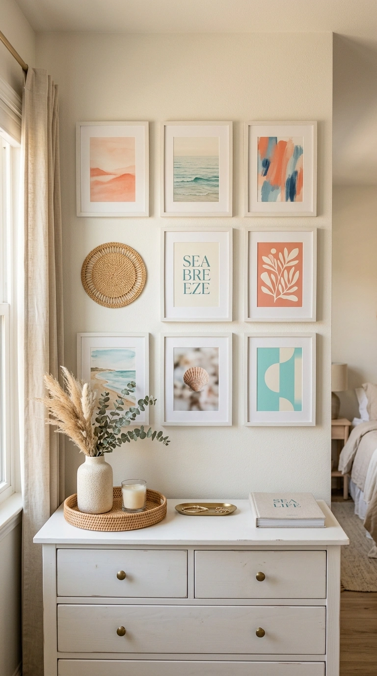007 A bedroom gallery wall above a dresser framed coas