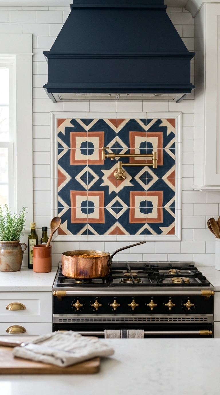 007 A bold geometric encaustic tile panel in deep navy