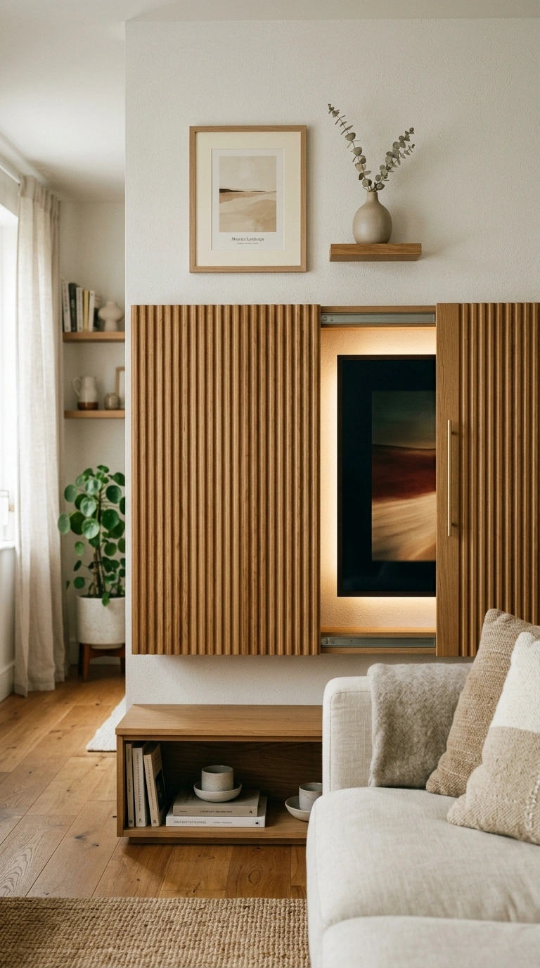 007 A calm small living room where a TV hides behind t