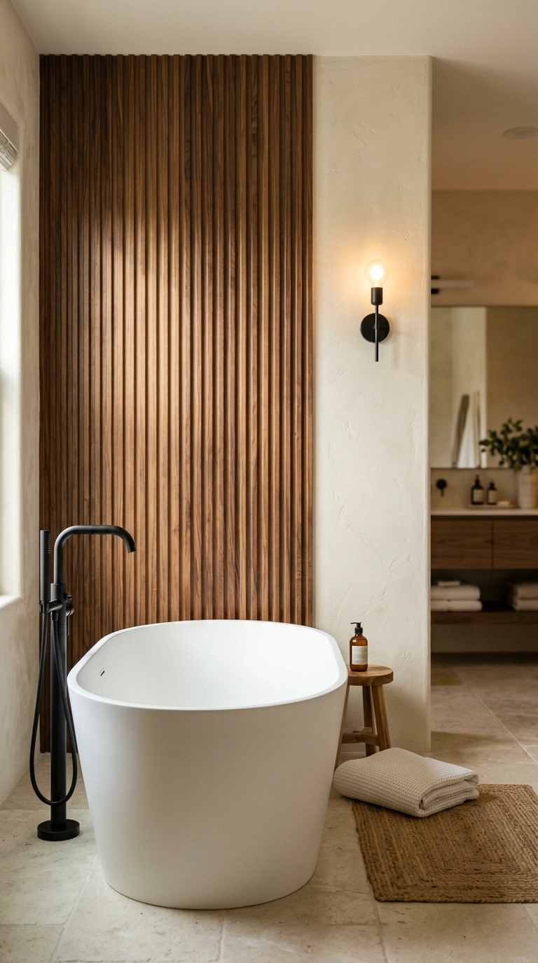 007 A fluted vertical walnut wood accent wall behind a