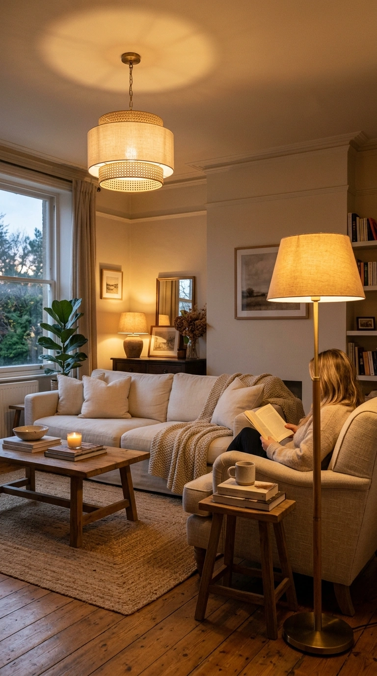 007 A living room glowing with three layers of light a