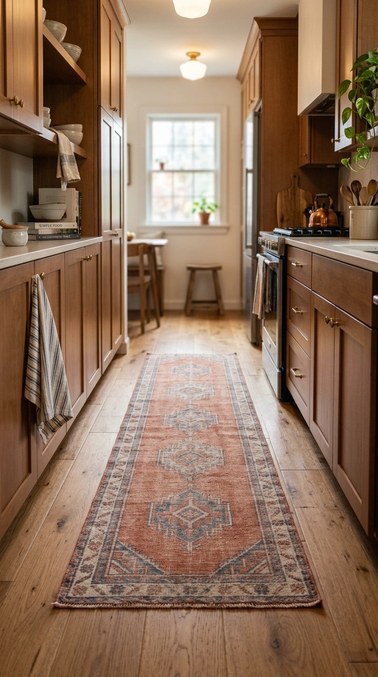 007 A long flat weave runner rug in faded terracotta a