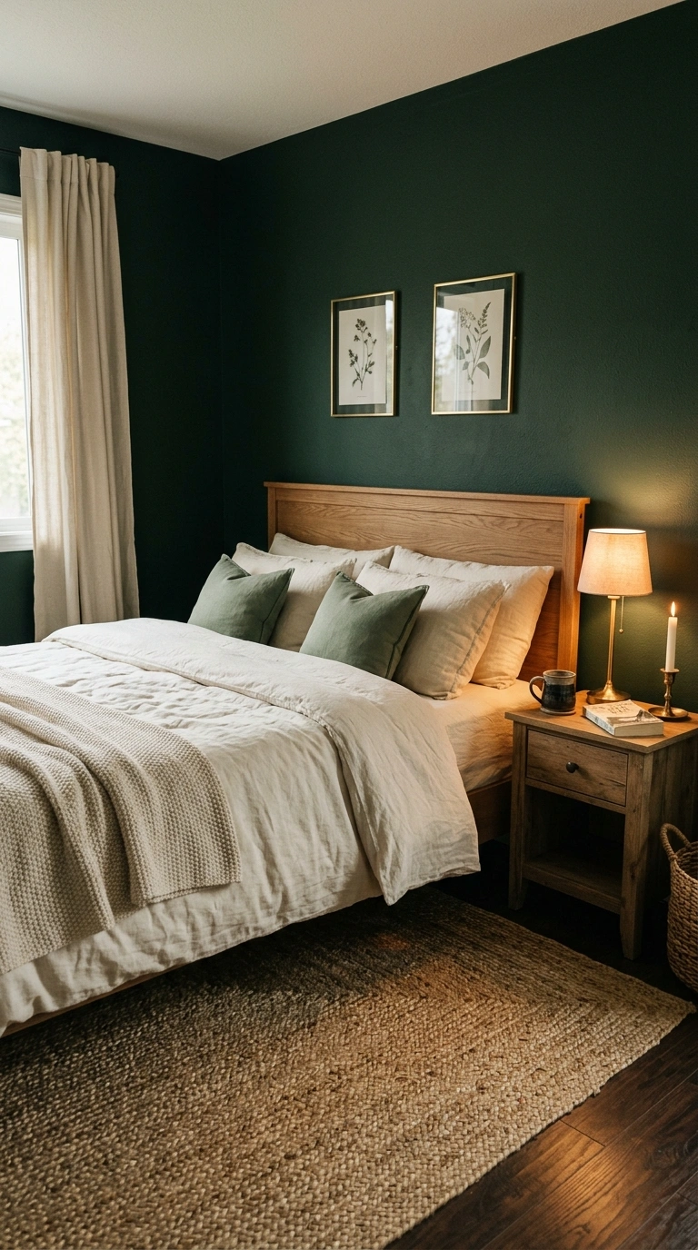 007 A moody bedroom with walls painted deep forest gre