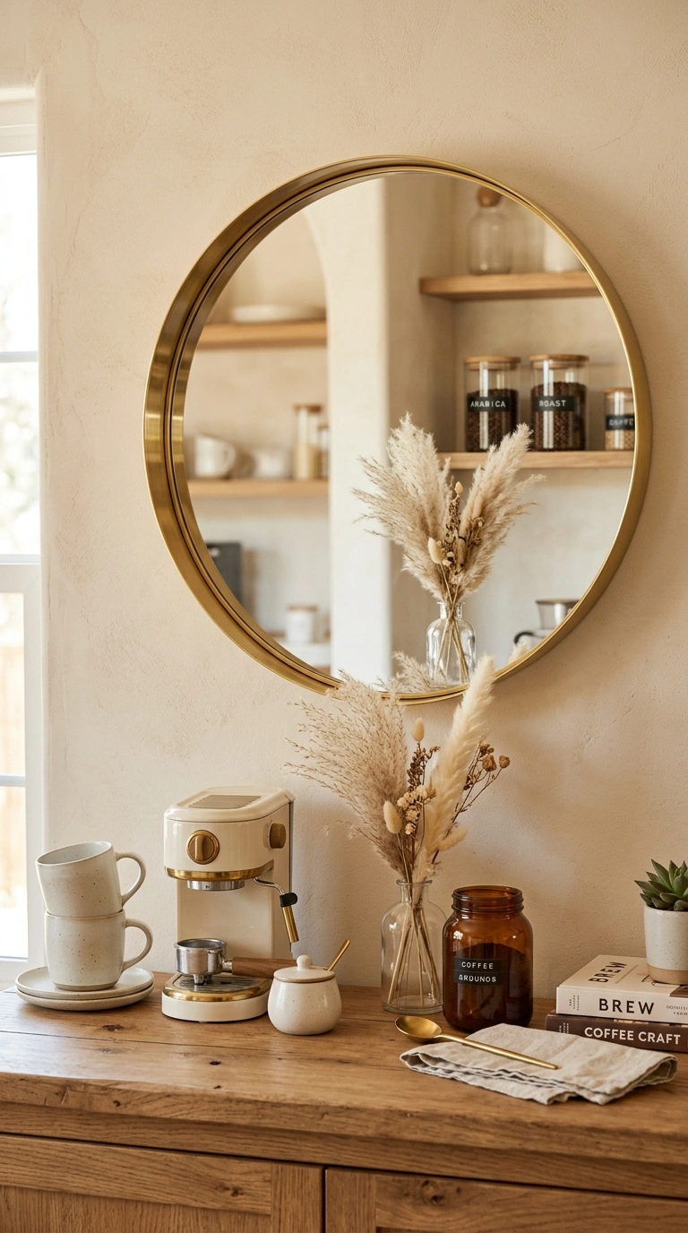 007 A round brass framed mirror mounted above a styled