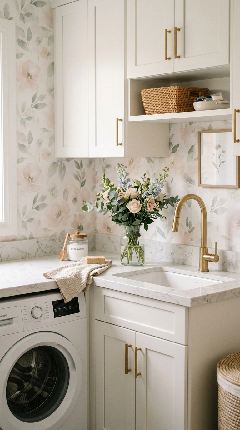 007 A serene laundry room in soft watercolor floral wa