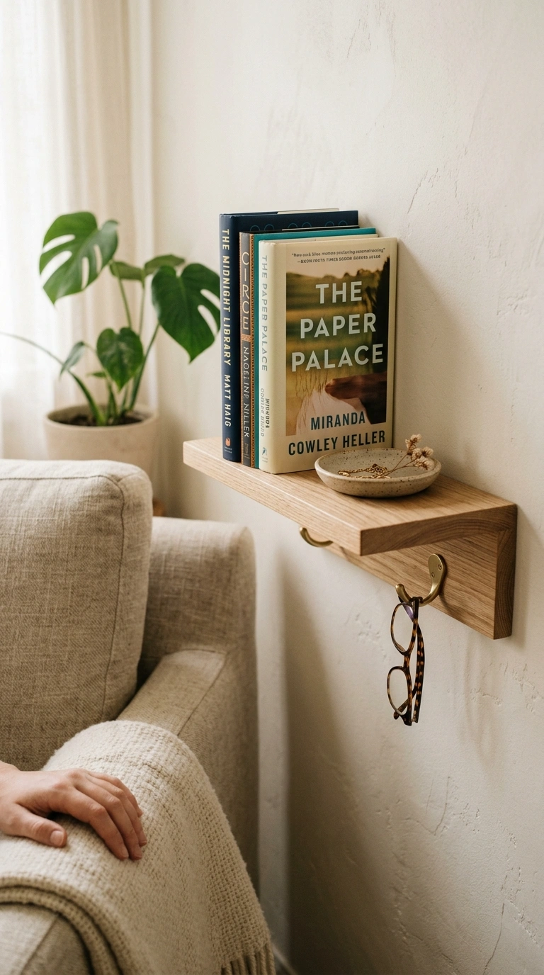 007 A slim white oak floating shelf at arm height besi