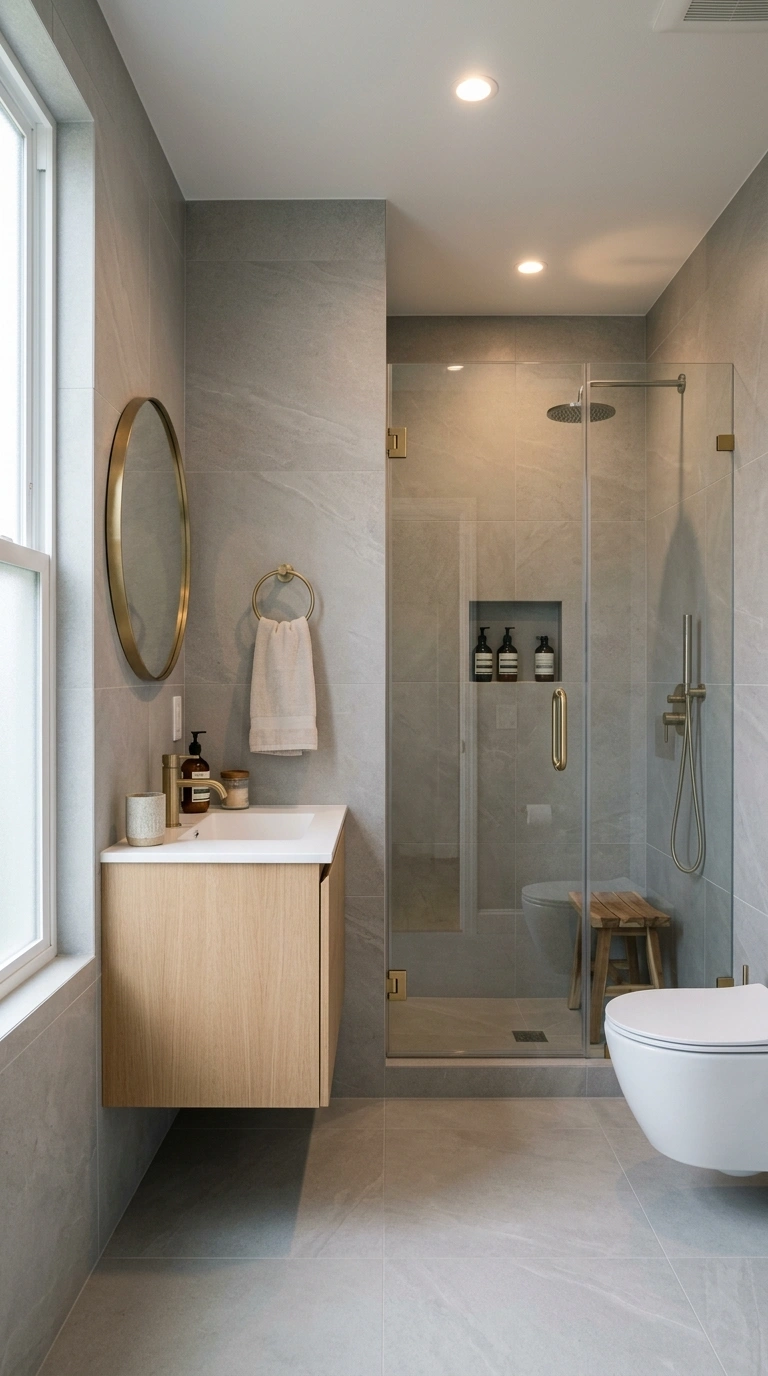 007 A small bathroom clad in 24 by 48 inch soft stone