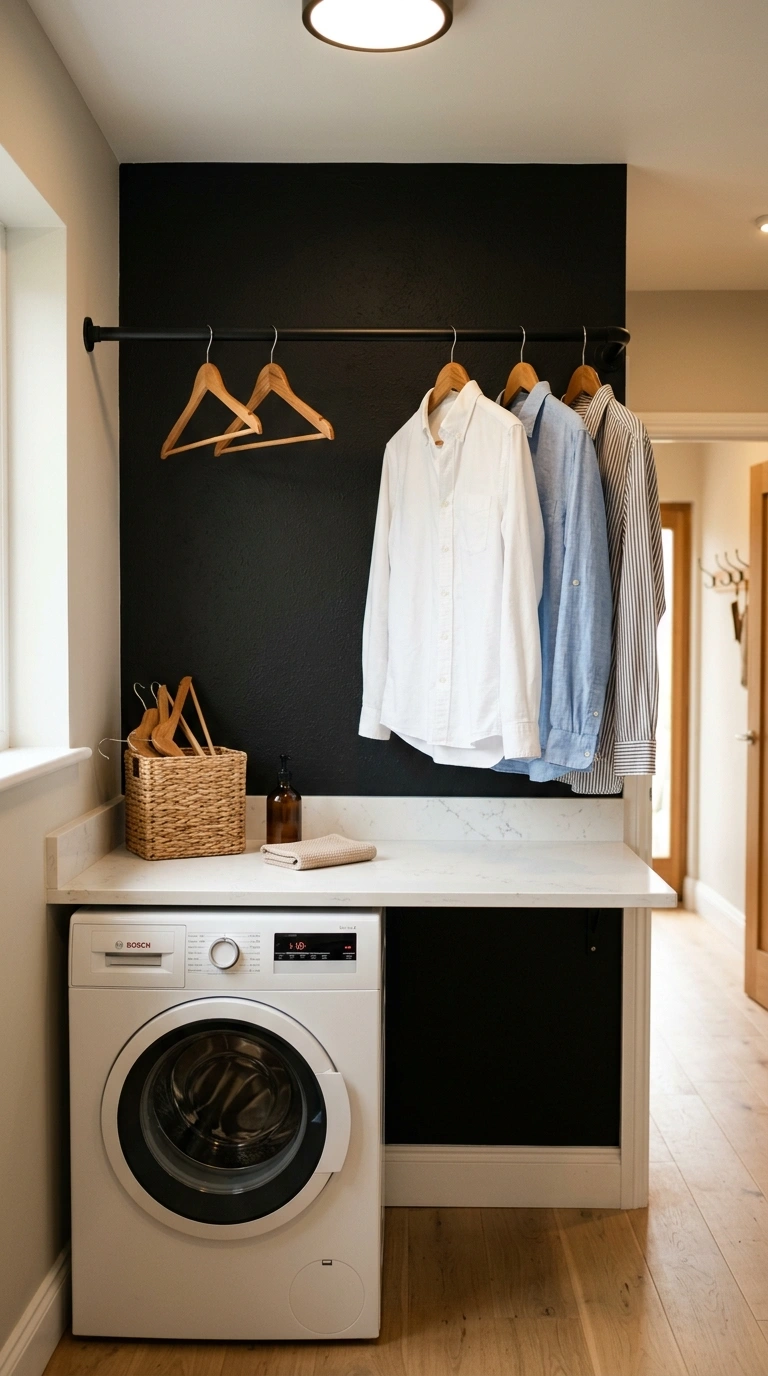 007 A small laundry room with a single matte black wal