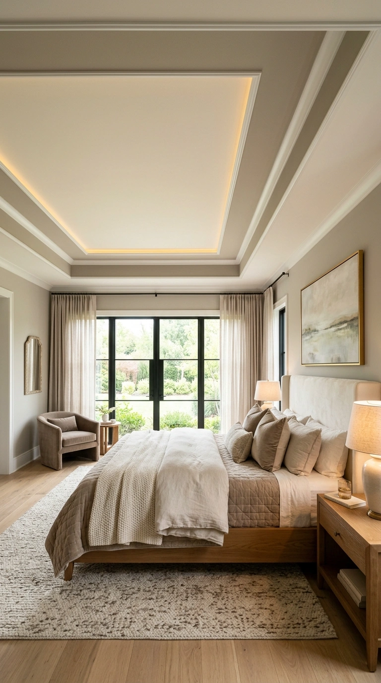 007 A spacious bedroom with a tray ceiling the recesse