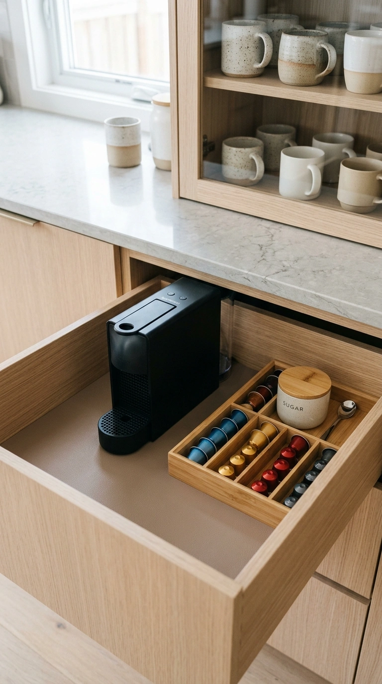 007 An open deep kitchen drawer revealing a hidden cof
