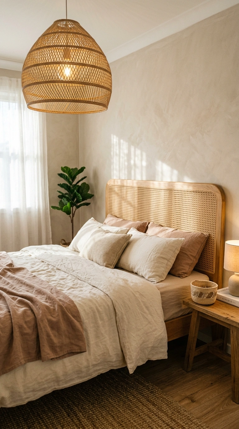 008 A bedroom with a caned headboard in warm honey oak
