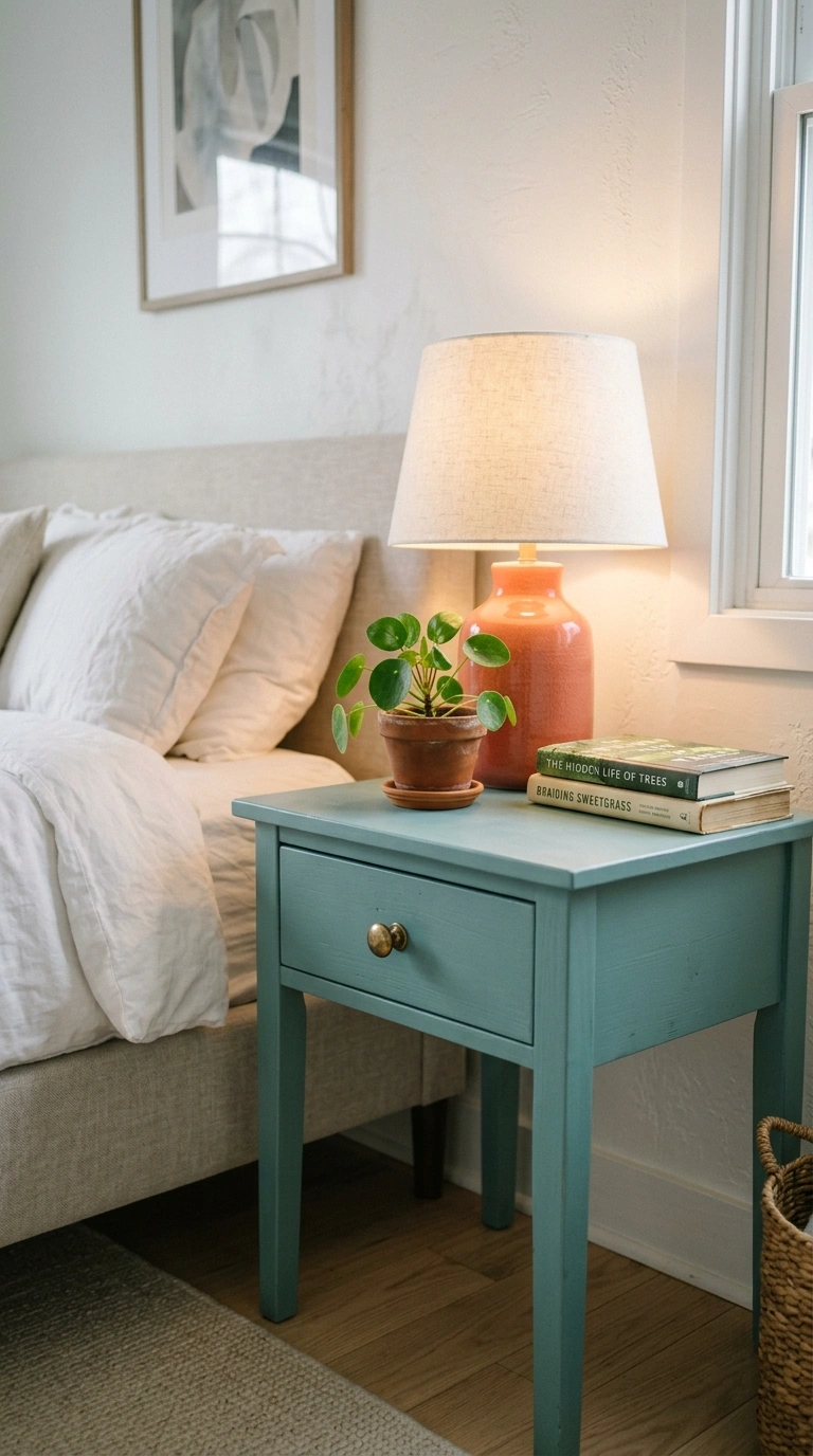 008 A bedside scene with a muted turquoise nightstand