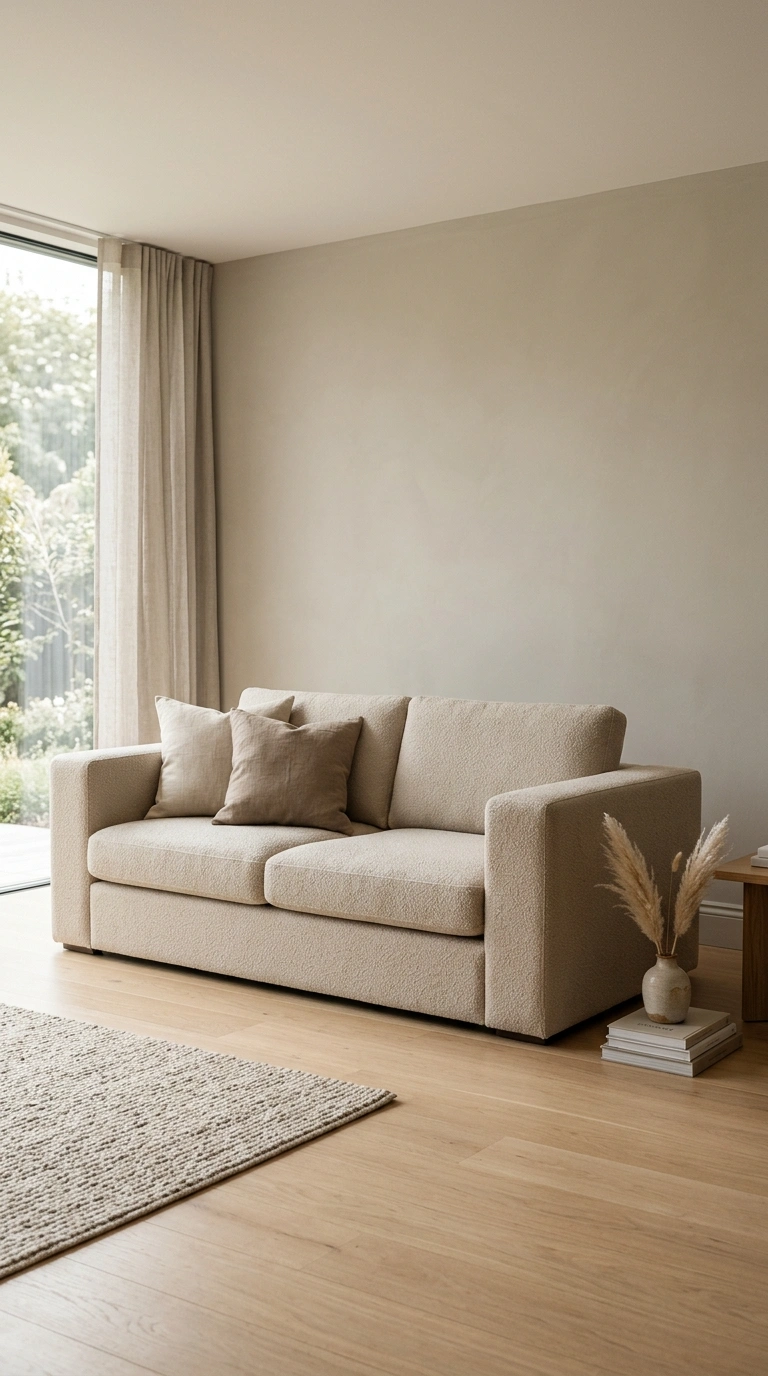 008 A clean lined minimalist sofa with a low boxy fram