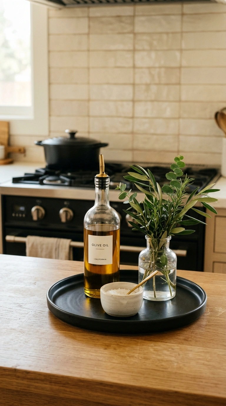 008 A curated round matte black counter tray near a st
