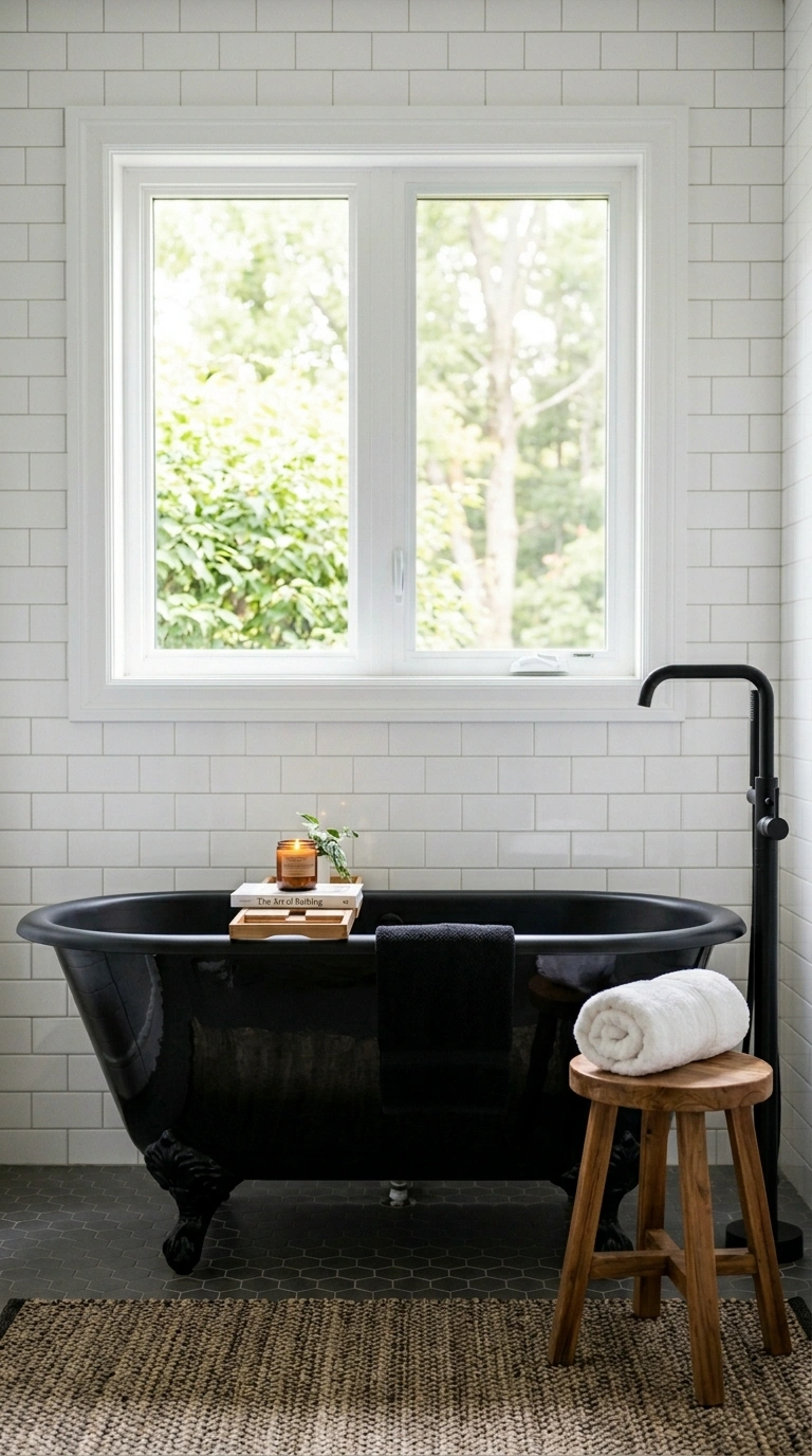008 A freestanding black clawfoot tub centered against