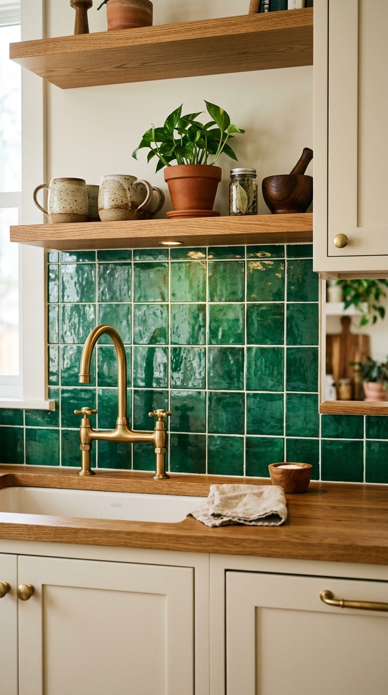 008 A glossy emerald green tile backsplash glowing aga