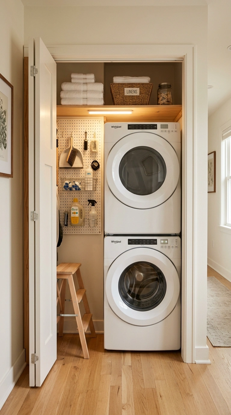 008 A hidden laundry closet with bifold doors open to