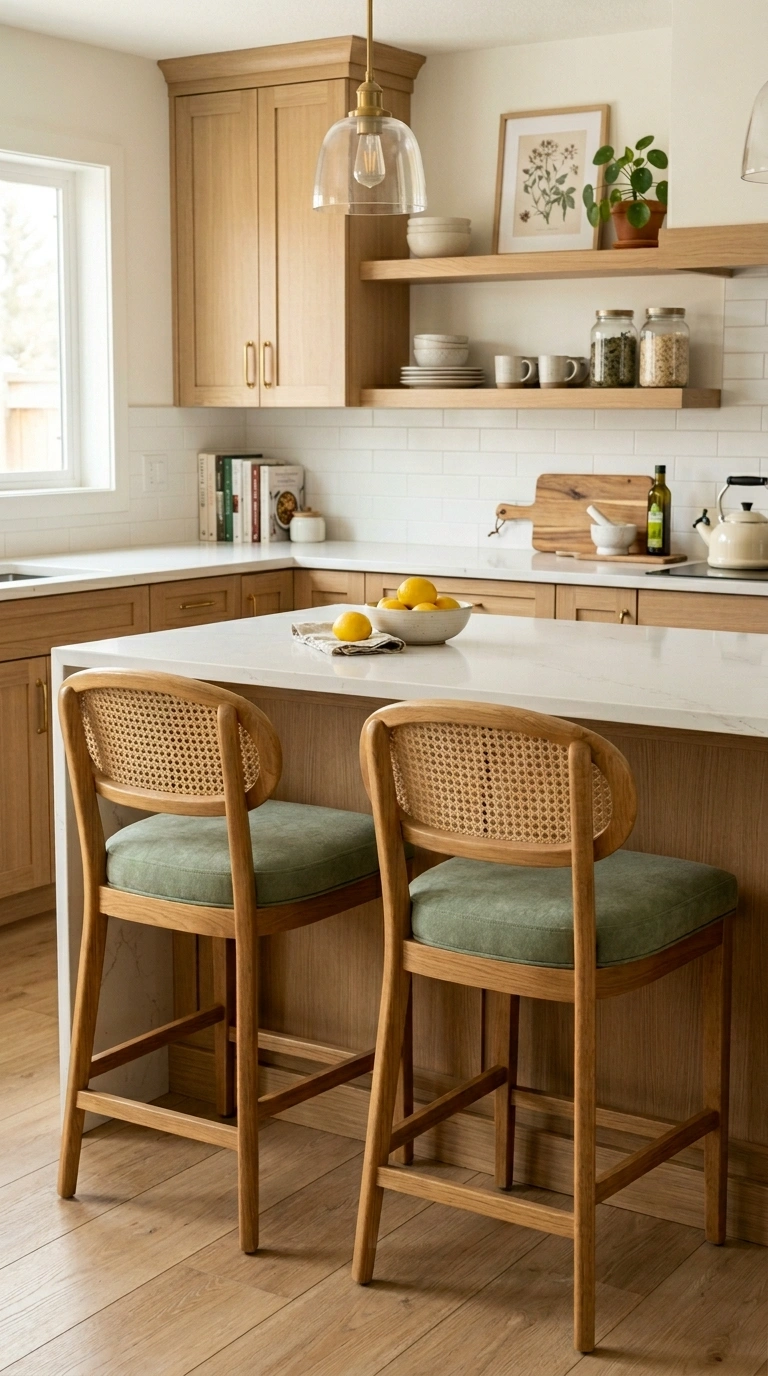 008 A kitchen counter with sage green upholstered bar