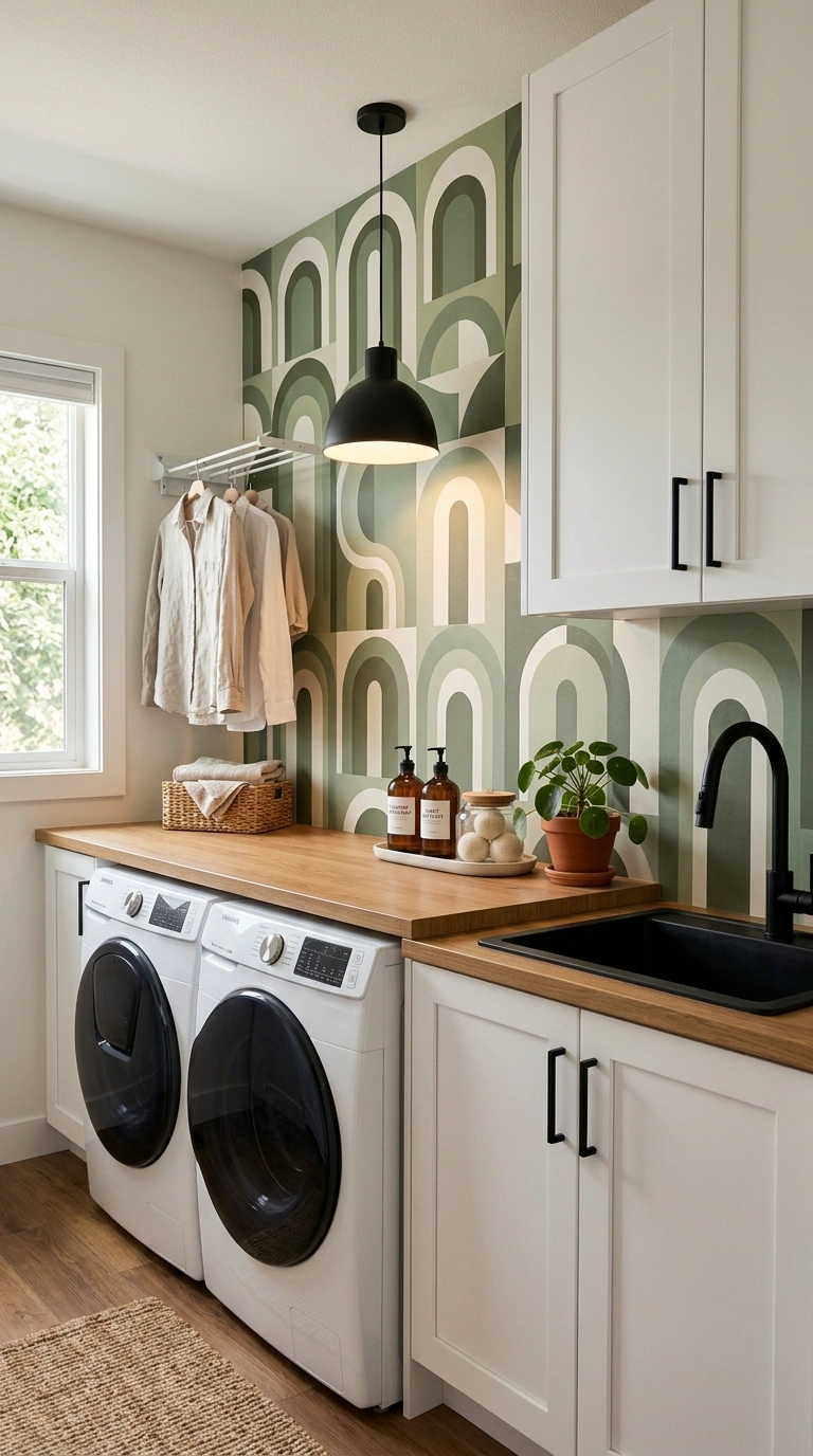 008 A modern laundry room with a bold sage green geome