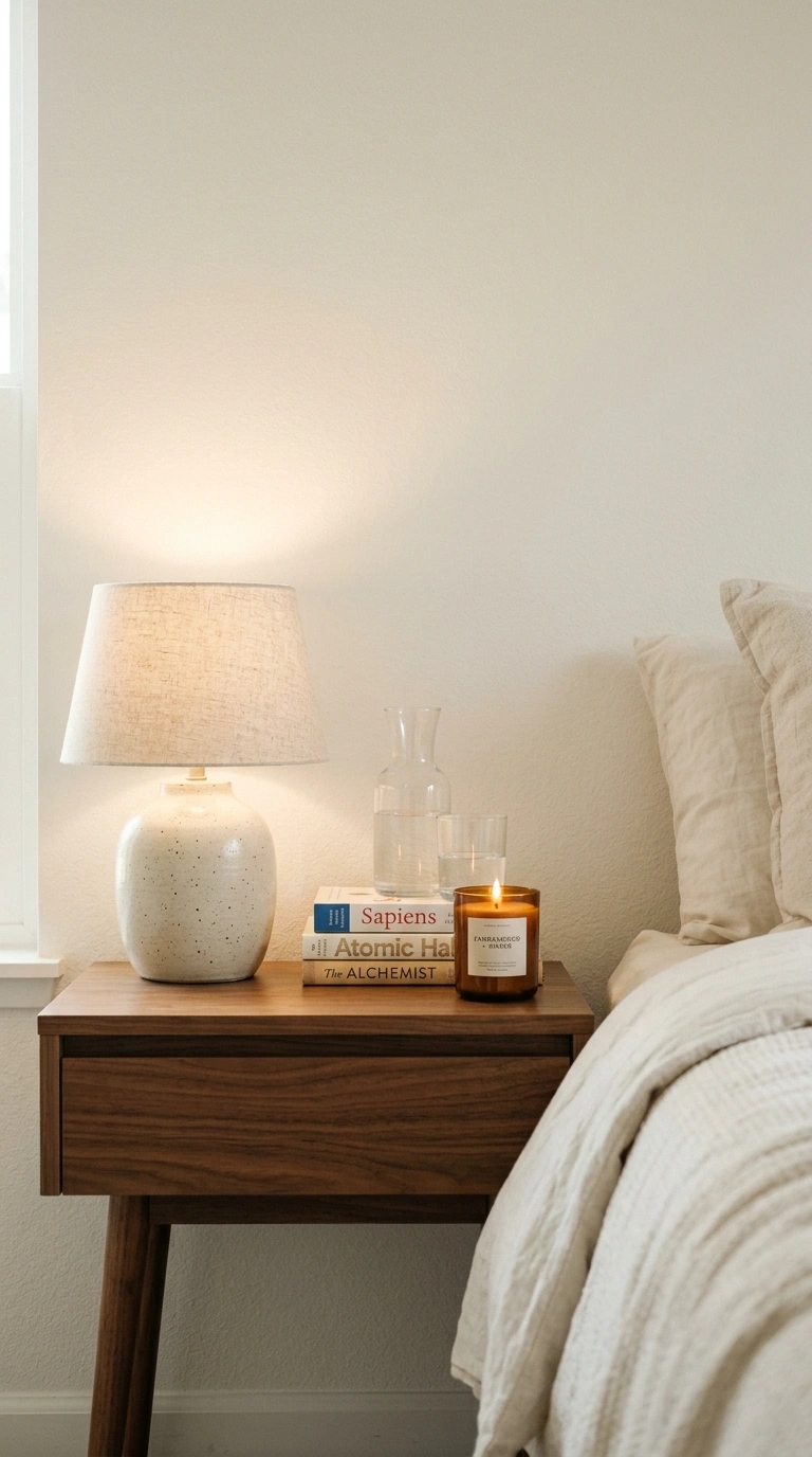 008 A perfectly curated walnut nightstand holding only