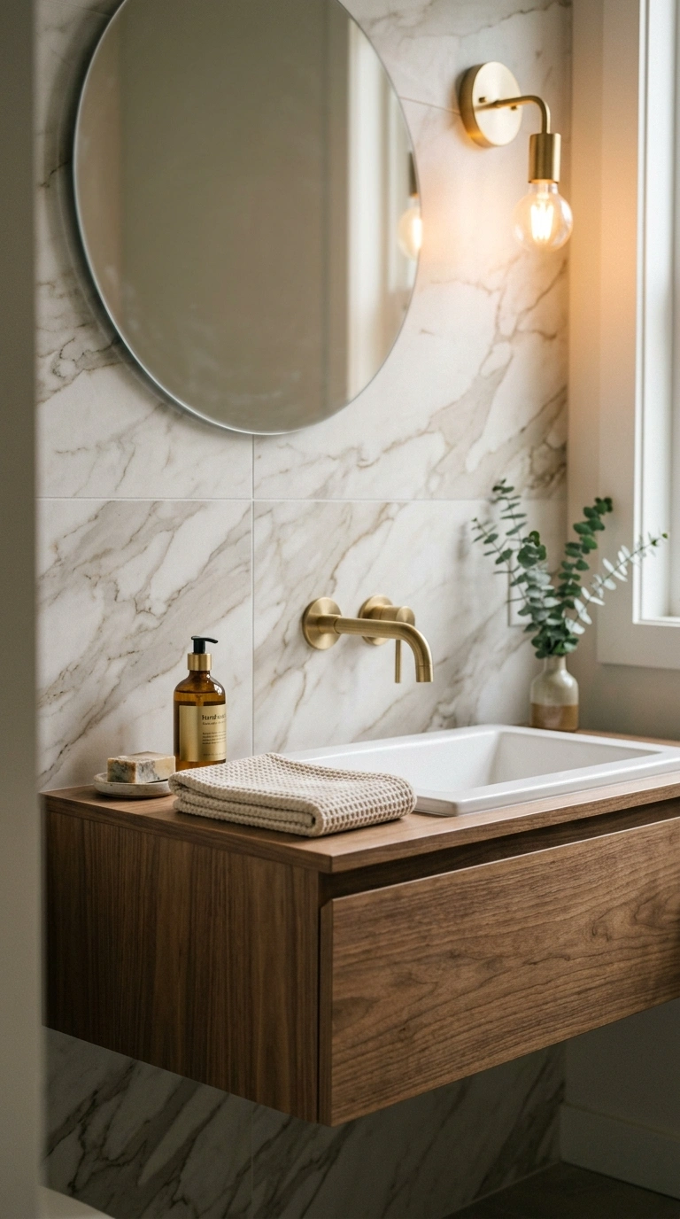 008 A small bathroom accent wall in honed marble look