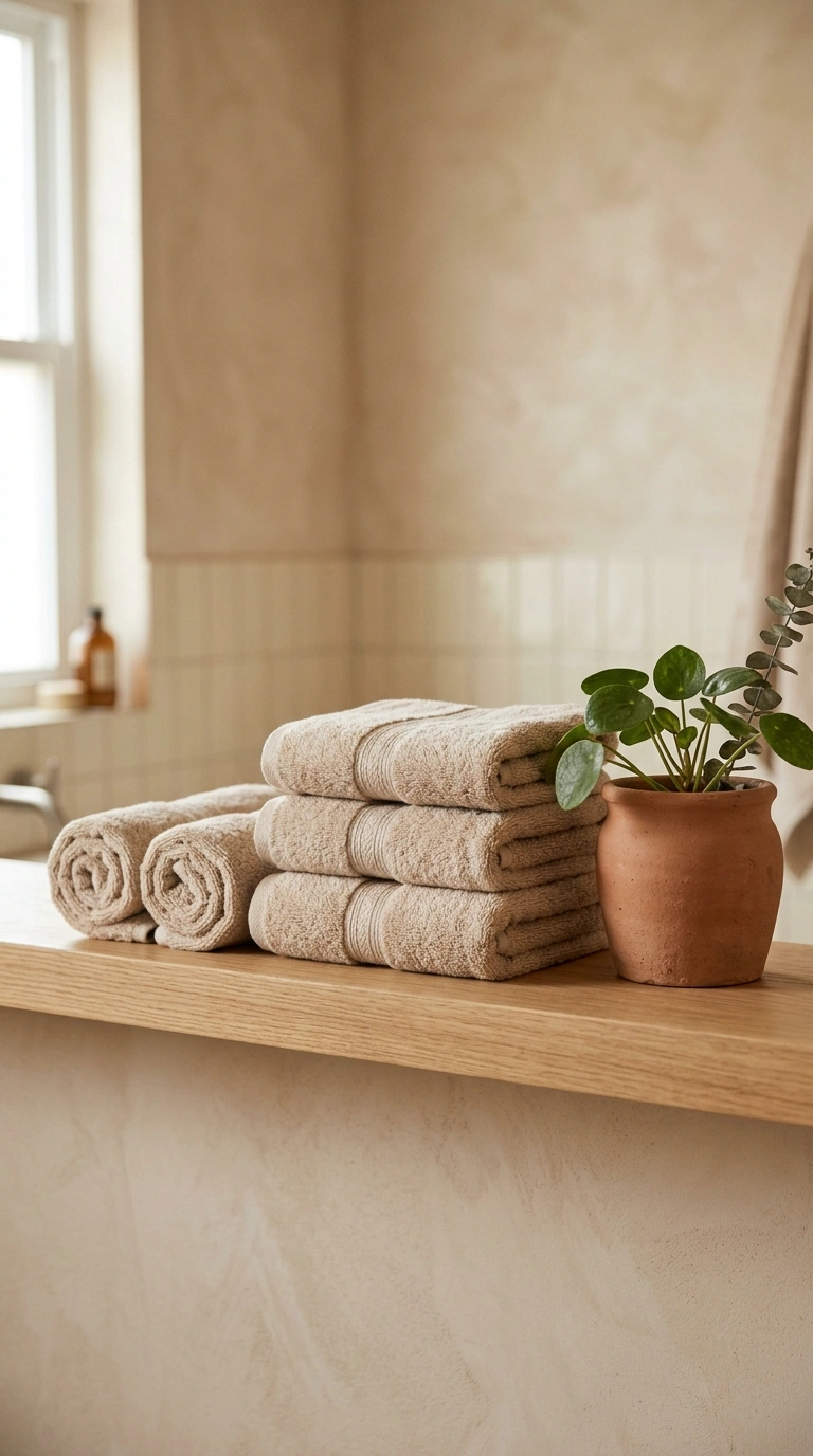 008 A small bathroom open shelf styled with plush spa