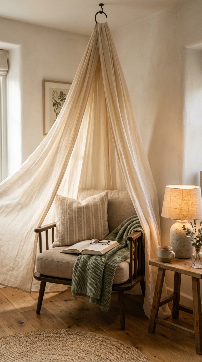 008 A small corner chair wrapped by a sheer warm ivory