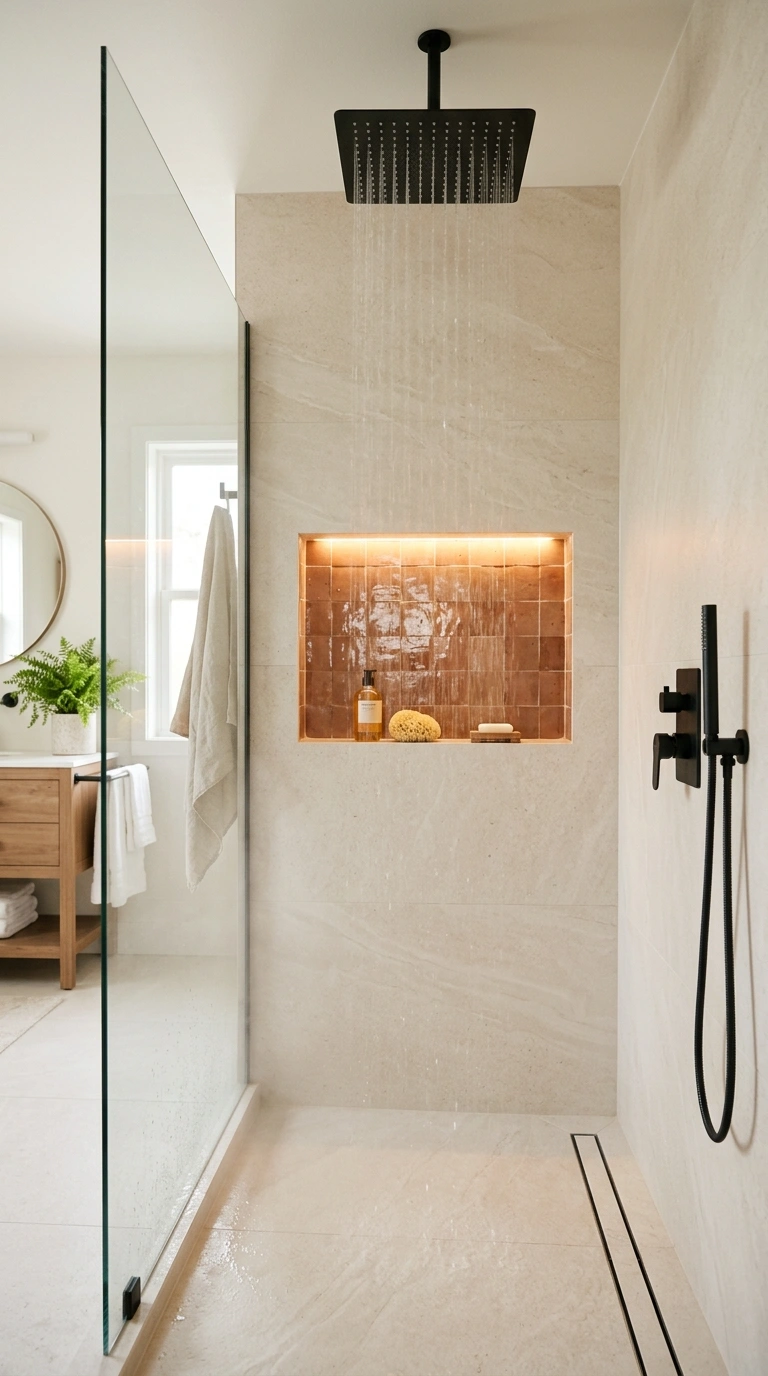 008 A walk in rainfall shower with a wide ceiling moun