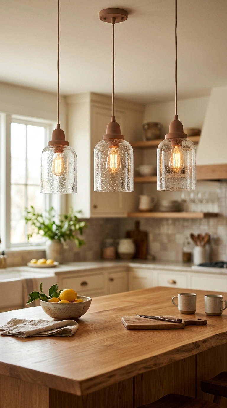 008 Three matching seeded glass pendant lights in warm