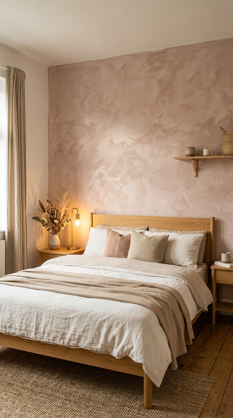 009 A bedroom with a limewashed accent wall in soft cl
