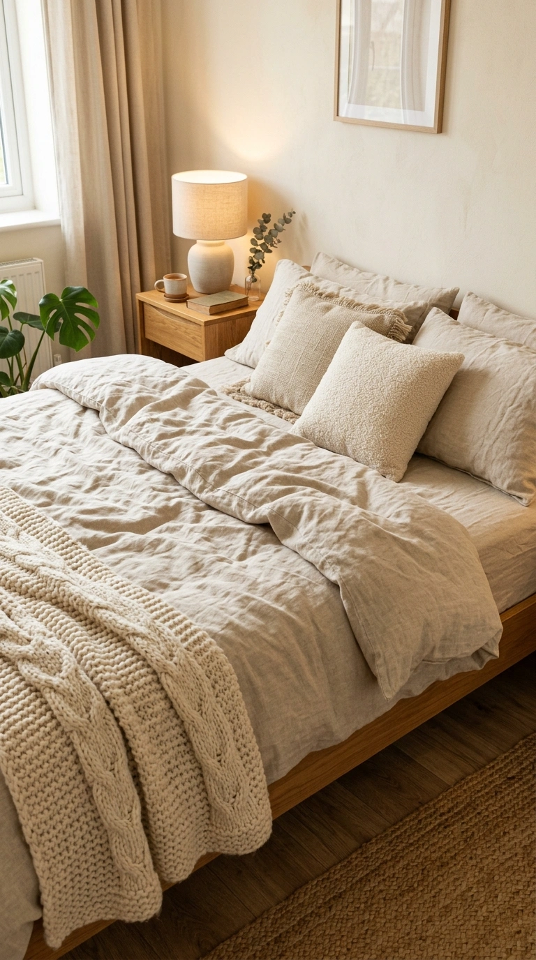 009 A bedroom with oversized relaxed washed linen bedd