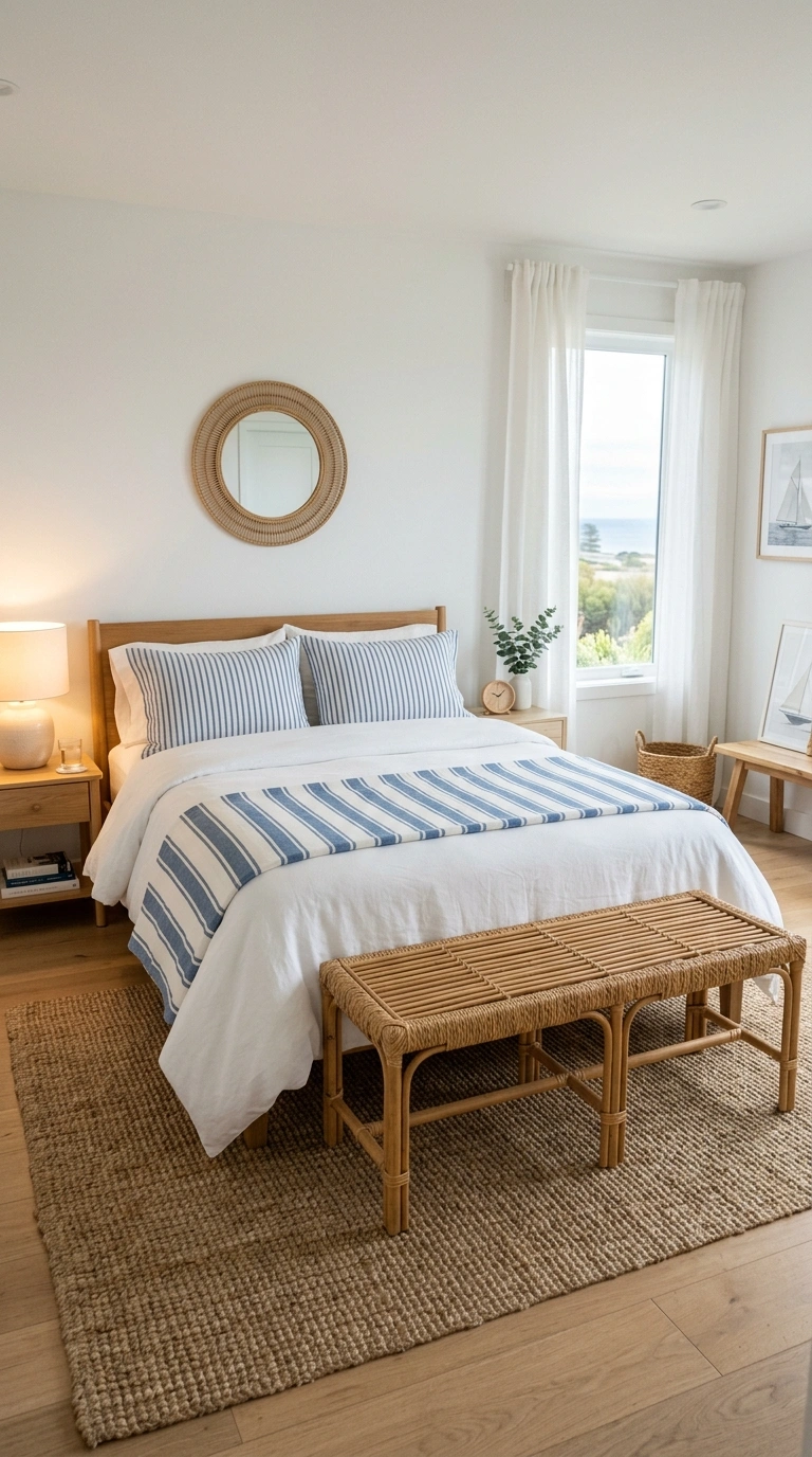 009 A cheerful bedroom with plain white walls and blue