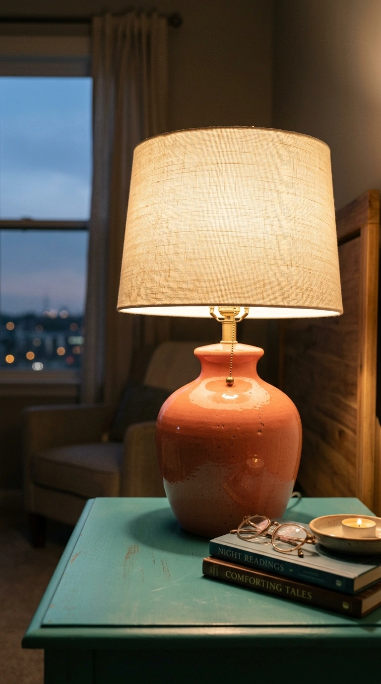 009 A close detail of a coral ceramic table lamp with