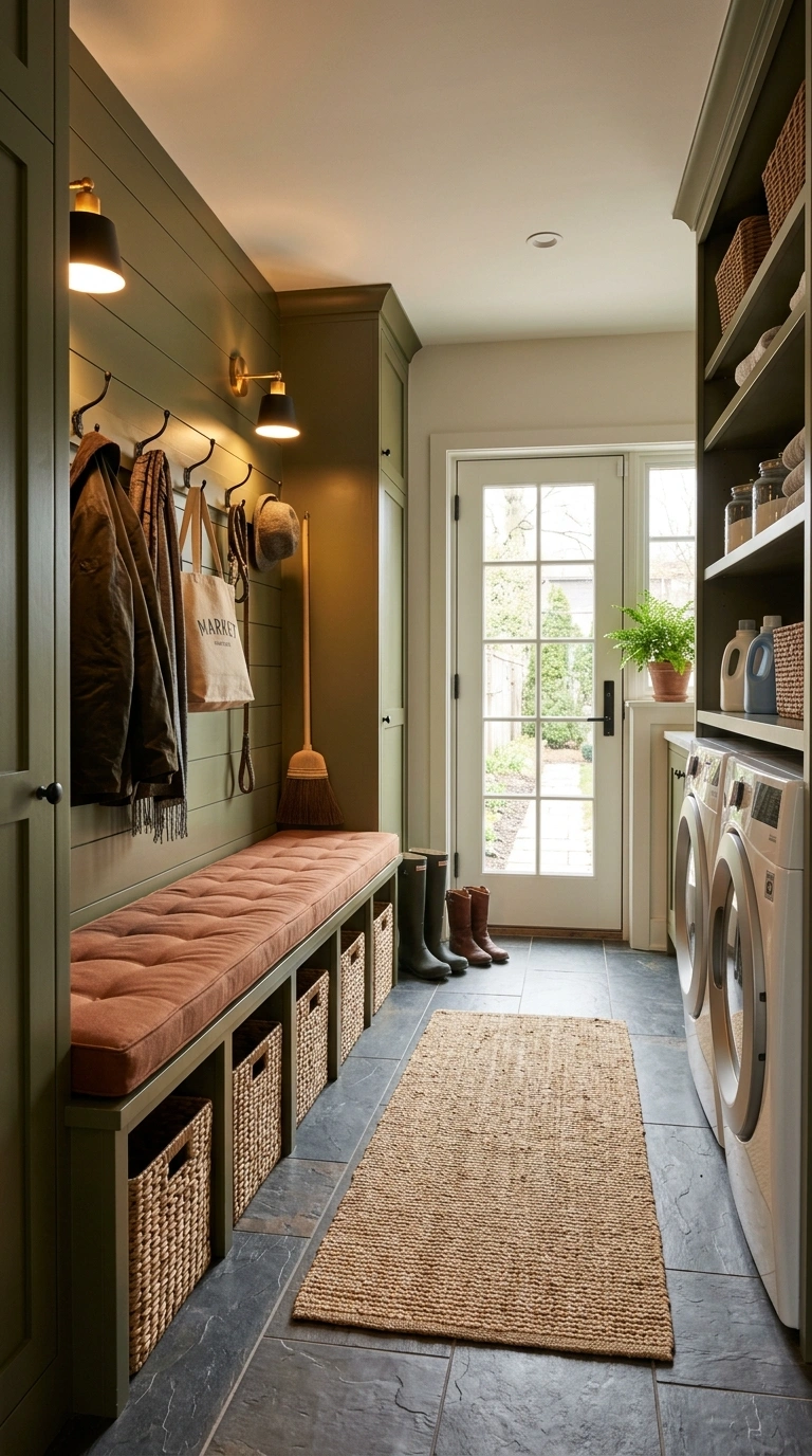009 A combined mudroom and laundry room with deep oliv