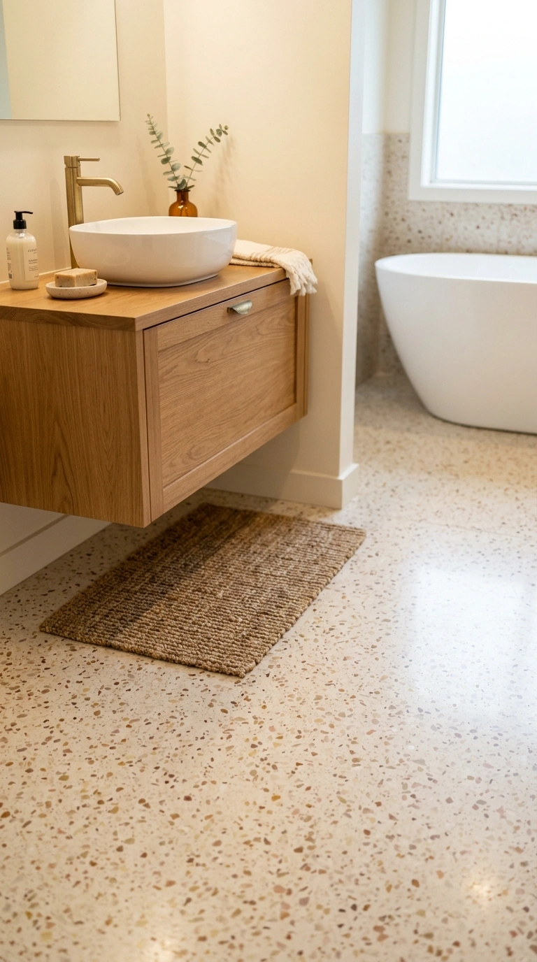 009 A heated terrazzo bathroom floor with a warm ivory