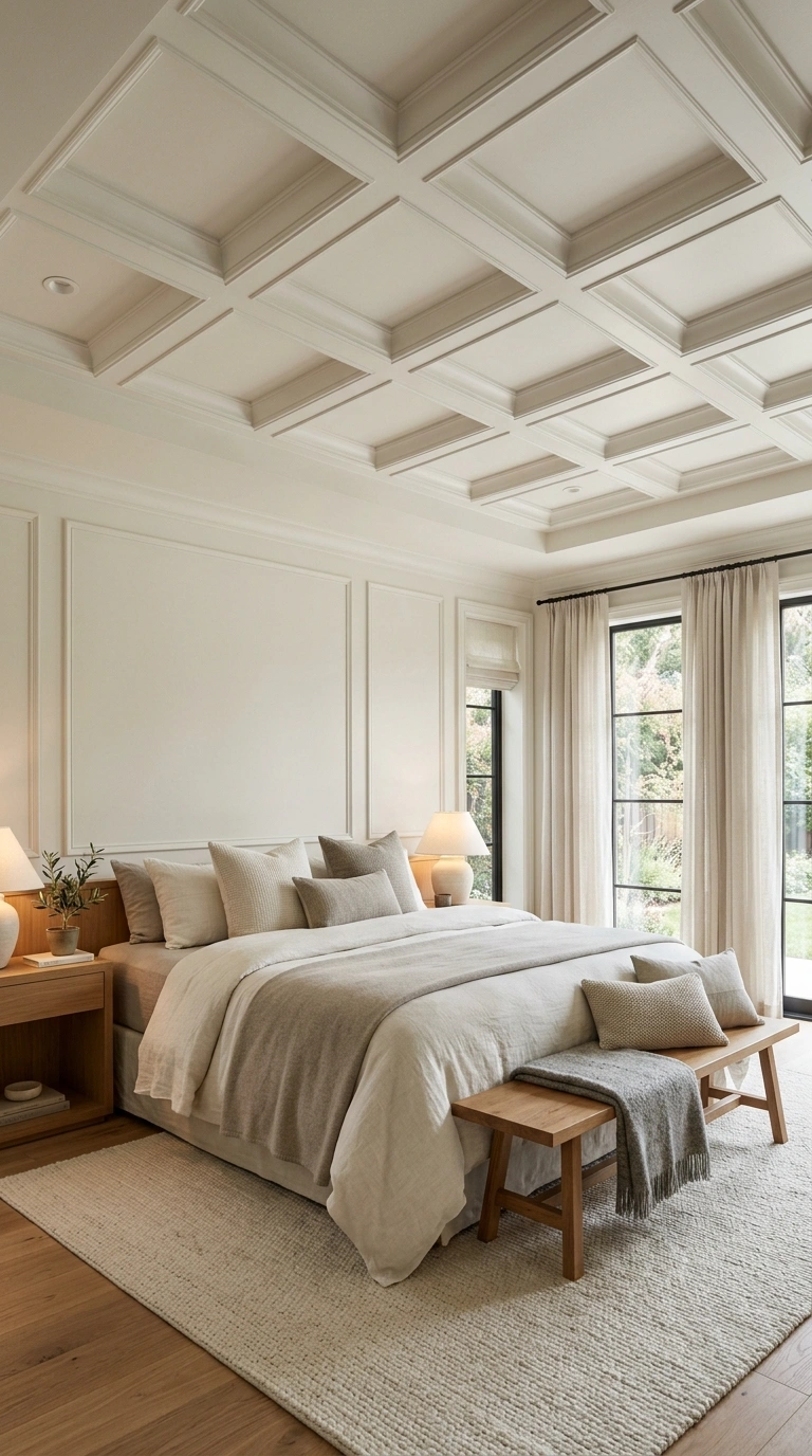 009 A larger bedroom with a soft white coffered ceilin