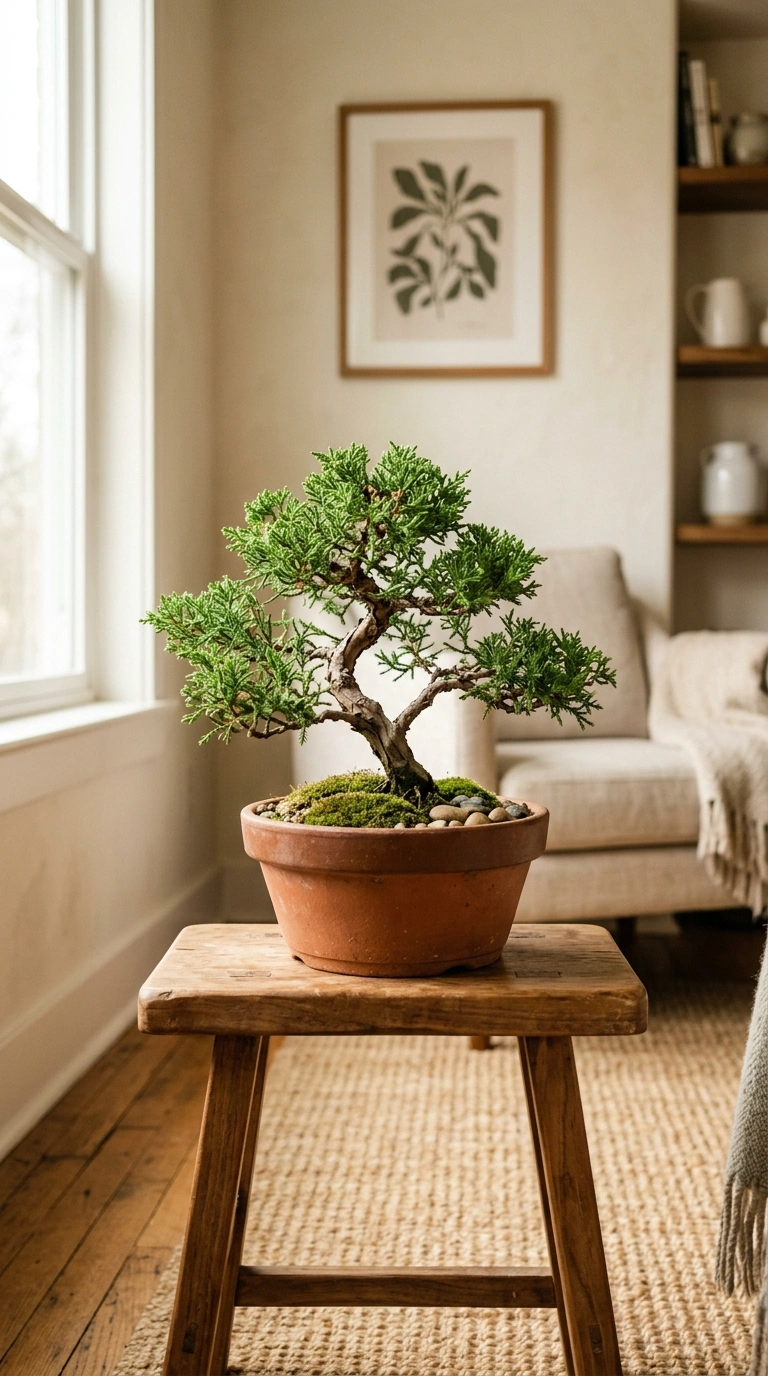 009 A small bonsai tree on a low wooden stool in a cal