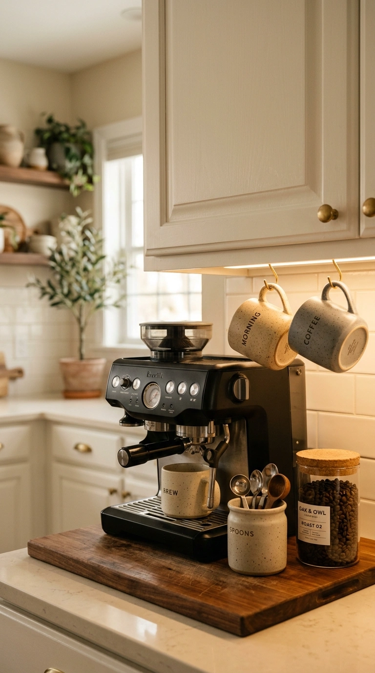 009 A small coffee corner under white upper cabinets m