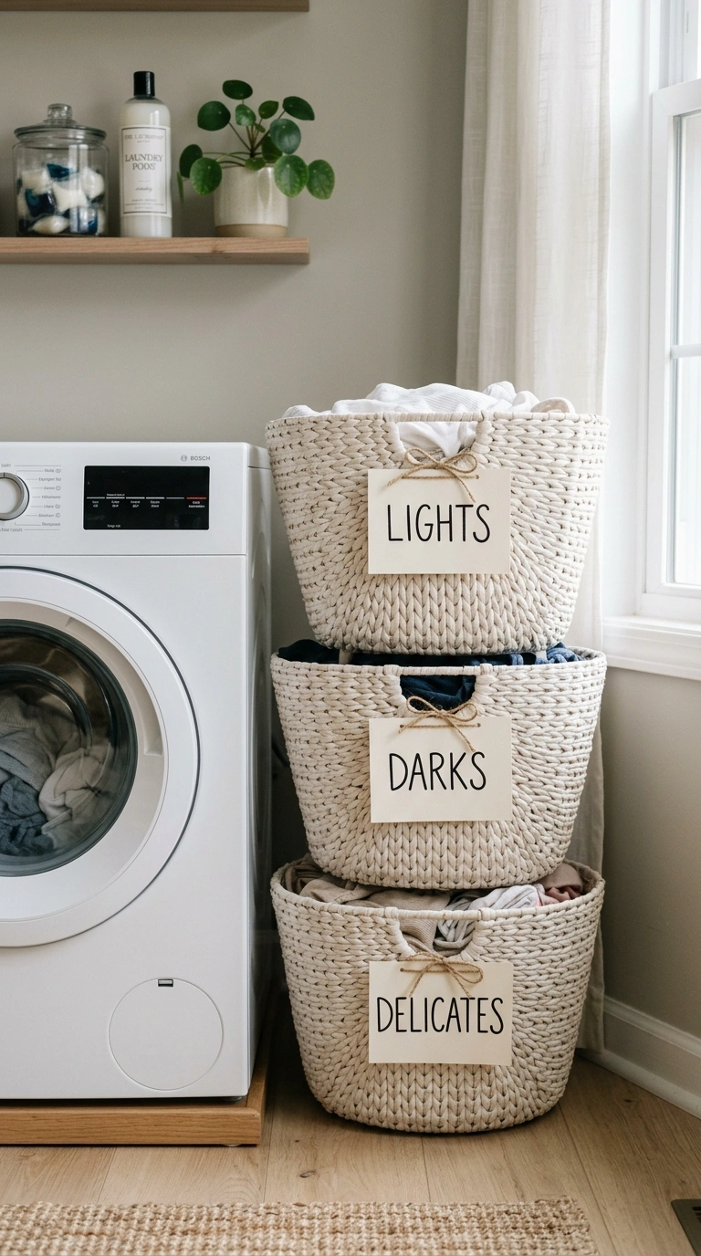 009 A small laundry corner with three stackable woven