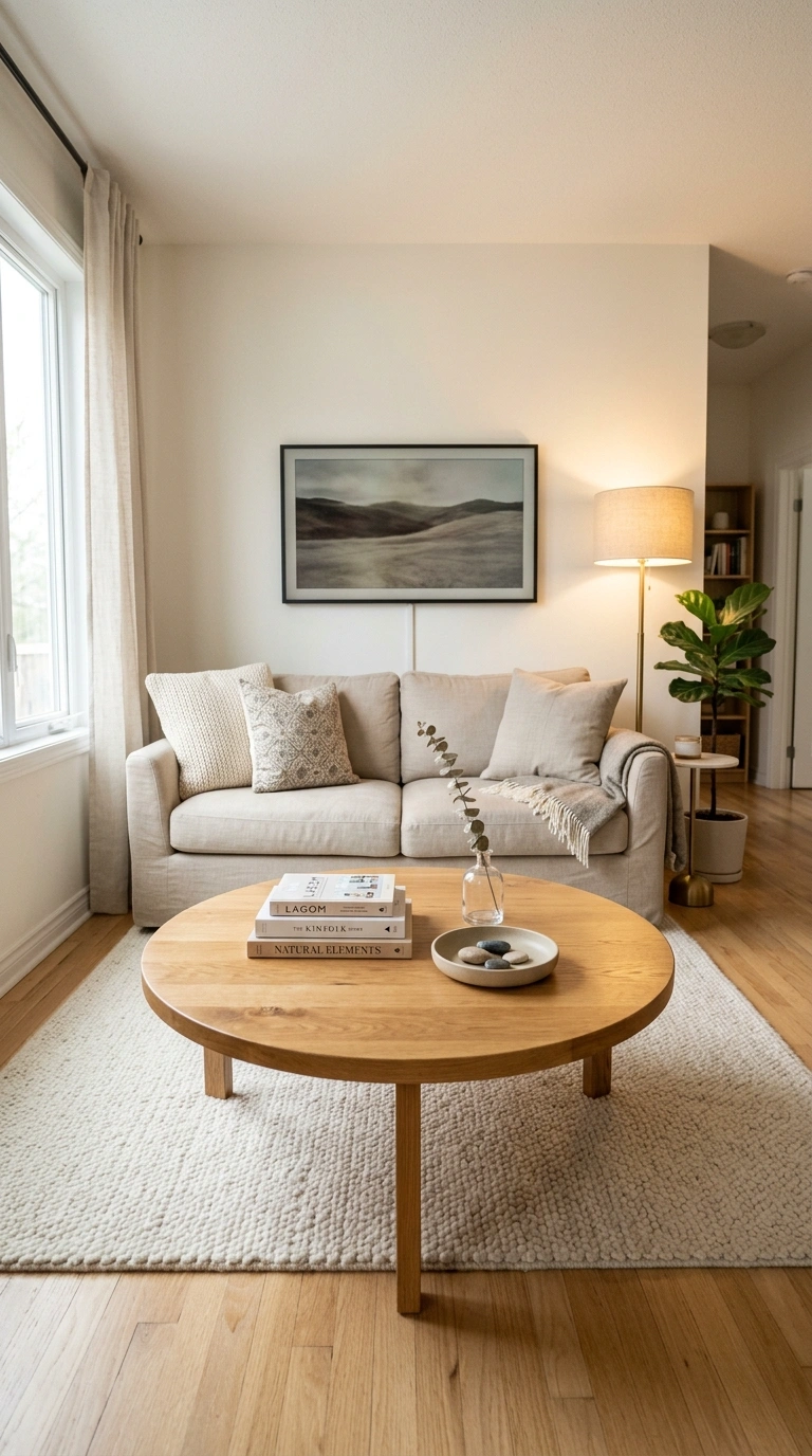 009 A small living room with a round warm oak coffee t