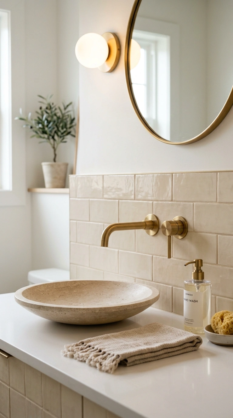 009 A small vanity with a wall mounted brushed brass f