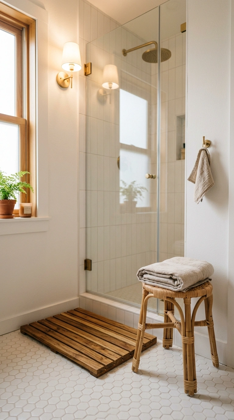 009 A small white bathroom warmed by one natural eleme