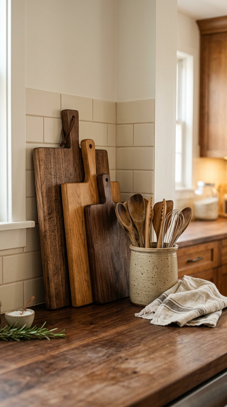009 A styled kitchen corner with three thick wood cutt