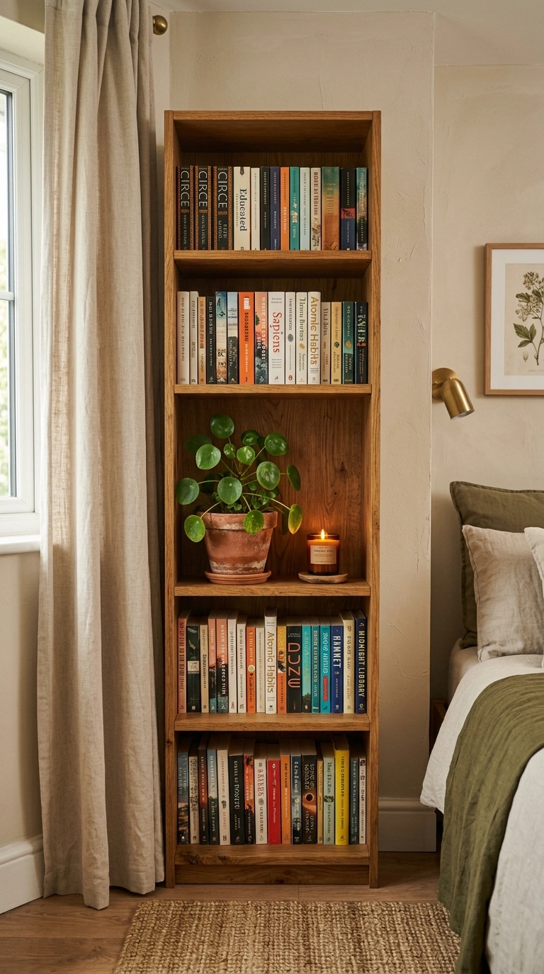009 A tall narrow warm oak corner bookshelf with five