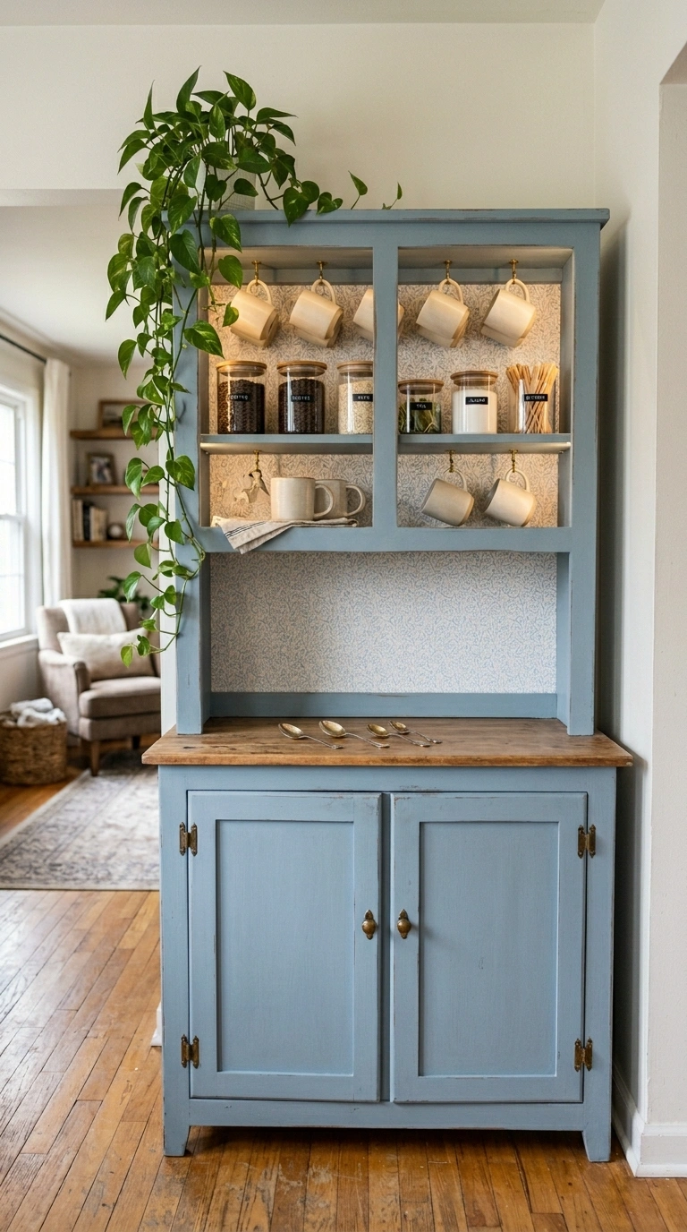 009 A thrifted hutch restyled as a coffee bar frame pa