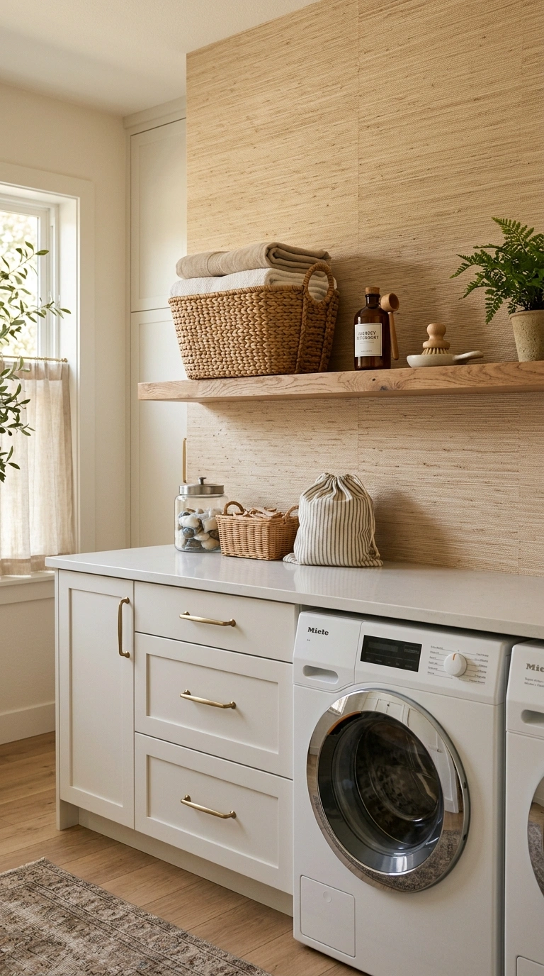009 A warm laundry room with faux grasscloth wallpaper