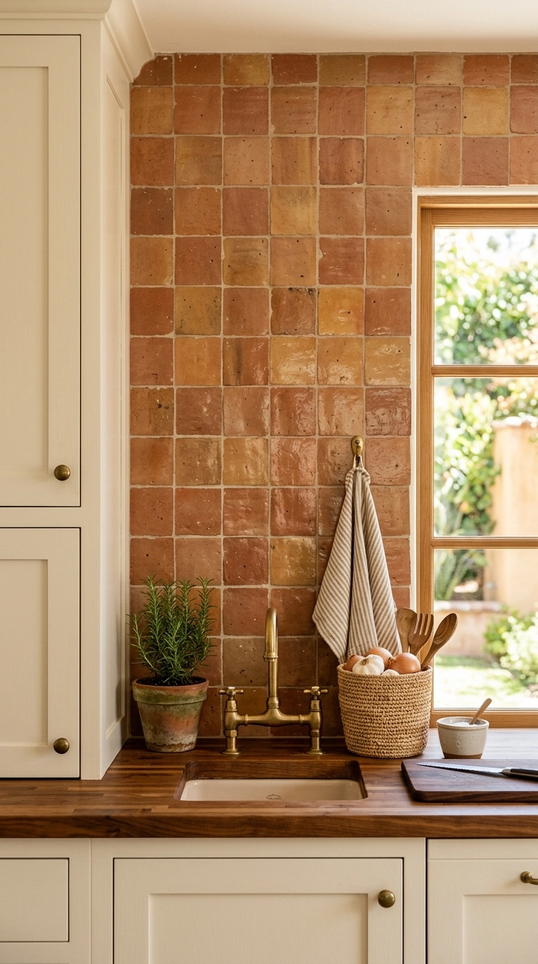 009 A warm terracotta tile backsplash in soft earthy c