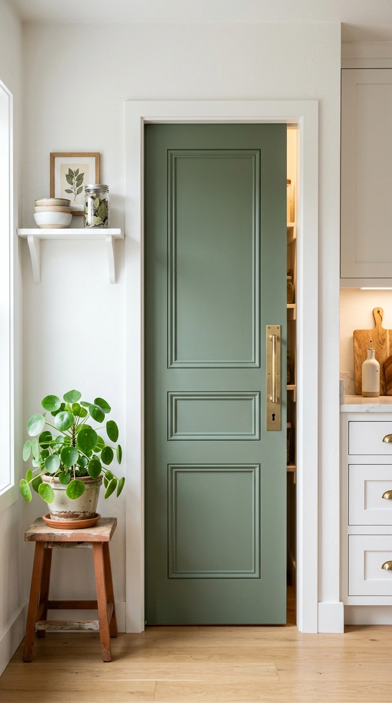009 A white kitchen with a rich sage green paneled pan