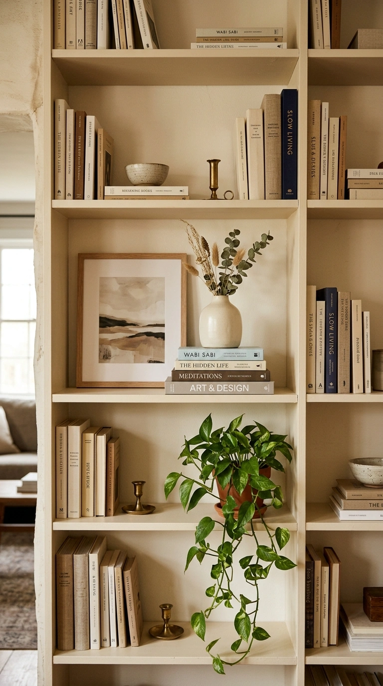 009 Styled built in bookshelves with books stacked ver